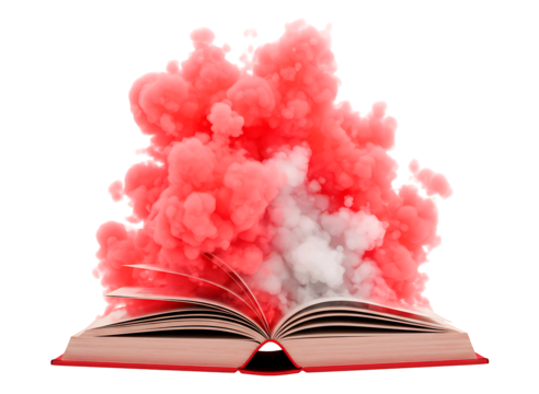 Open book with red and white smoke exploding upwards isolated on transparent background