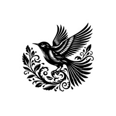 Obraz premium Ornate black and white illustration of a bird in flight, surrounded by decorative floral elements.