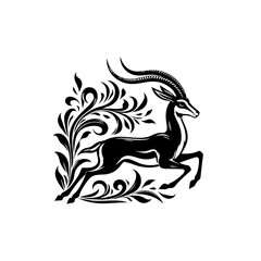 A stylized black and white illustration of a leaping gazelle amidst ornate floral foliage.
