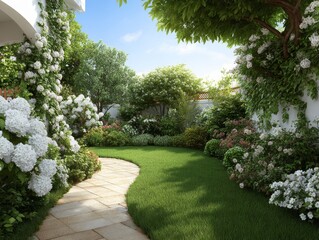Fototapeta premium Serene Garden Landscape with Lush Greenery, White Flowers, and a Stone Path in a Peaceful Setting
