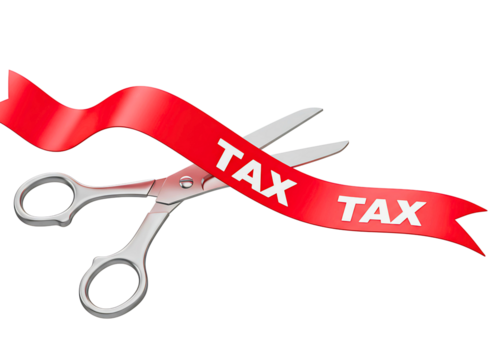 Scissors cutting red ribbon with the word tax on it isolated on transparent background