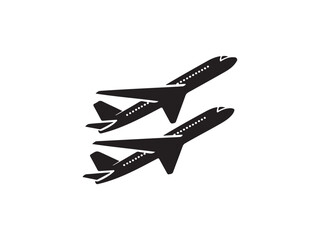 Two black airplane silhouettes flying upwards on a white background isolated on white background
