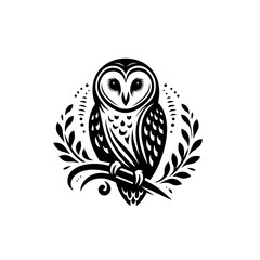 Owl Icon in Elegant Design: A meticulously crafted owl icon, showcased in an elegant black and white design with symmetrical details and a hint of the natural world.