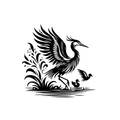 Fototapeta premium Crane and Ducklings: This elegant engraving presents a stately crane, its wings spread in a display of dominance, guiding two ducklings in a serene body of water. The illustration speaks of family.