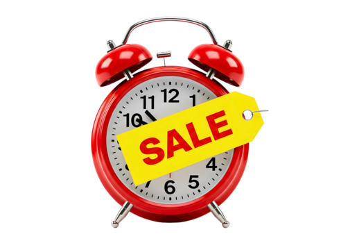alarm clock with a sale tag indicating a limited time offer isolated on transparent background