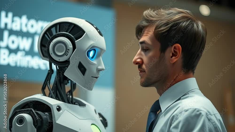 Aufkleber a man and a futuristic robot face each other in a moment of technological interaction and discussion