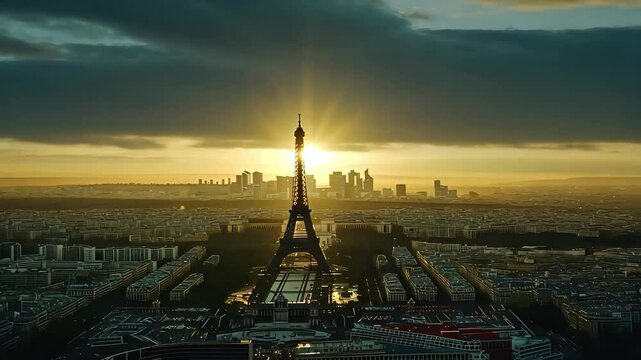Sunrise over Paris with the Eiffel Tower bathed in golden light and a city awakening below, Aerial view of Paris with the sun rising behind the Eiffel Tower, France Cinematic