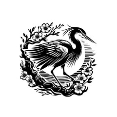 Elegant Heron in Blooming Branch: A sophisticated monochrome depiction of a heron gracefully perched on a flowering branch, celebrating the harmony of nature through linework.