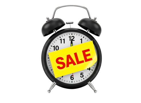  alarm clock with a  sale tag indicating a limited time offer isolated on transparent background