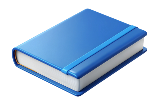 Closed blue notebook with elastic band and orange spine isolated on transparent background