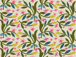 Seamless floral pattern with pink flowers and leaves. Nature inspired design. Abstract floral pattern. Hand drawn abstract flowers for fabric, textile, clothing, poster, cover, banner, wall art