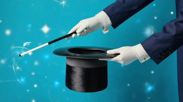 Magician's Hands Performing Magic Trick with Hat and Wand