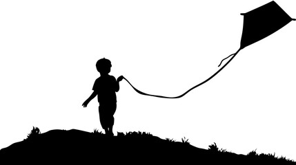 Silhouette of a child flying a kite on a grassy hill against a white background in a simple illustration