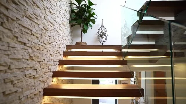 Elegant Modern Staircase with Wooden Steps, Glass Railing, and LED Lighting in Contemporary Interior Featuring Stone Accent Wall, Decorative Vases, and Indoor Plants
