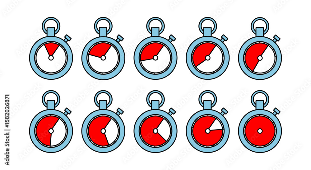 Poster set of stopwatch icons showing various time intervals. represents countdowns, deadlines, sports timi