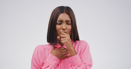 Girl, coughing and sick in studio with health, lung infection or bacteria from medical condition....