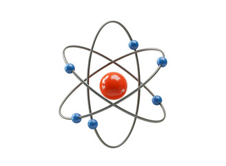 Abstract atomic model with nucleus orbiting electrons isolated on transparent background