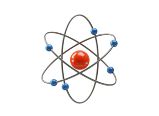 Abstract atomic model with nucleus orbiting electrons isolated on transparent background