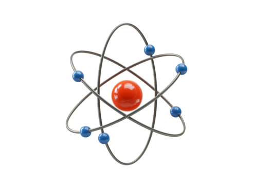 Abstract atomic model with nucleus orbiting electrons isolated on transparent background
