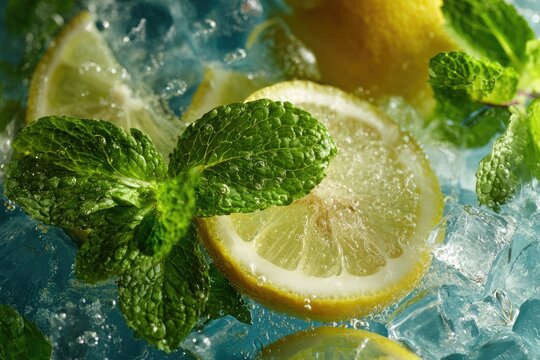 Close-up of lemon slices and fresh mint leaves nestled amongst ice cubes on a teal background, illuminated by bright light, showcasing juicy citrus and vibrant green - Powered by Adobe