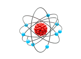 Abstract atomic model with nucleus orbiting electrons isolated on transparent background