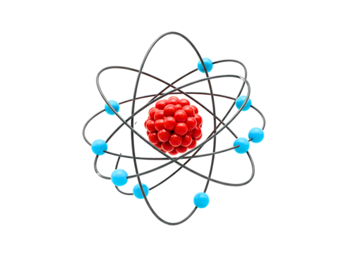 Abstract atomic model with nucleus orbiting electrons isolated on transparent background