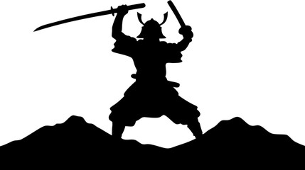 Obraz premium Silhouette of a samurai warrior with two swords standing on a mountain range in a dramatic pose