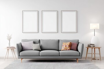Minimalist living room featuring a grey sofa with throw pillows, three framed prints above, side tables, a floor lamp, and a muted rug
