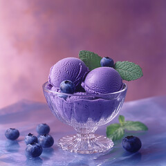 Delicious blueberry ice cream in a glass bowl, presented with fresh blueberries and mint leaves on a vibrant background.