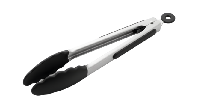 Stainless Steel Kitchen Tongs with Silicone Grips on Transparent Background