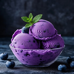 Enjoy a bowl of refreshing blueberry ice cream with sprig of mint for a sweet treat, perfect for a hot summer day.