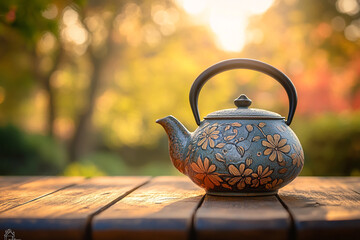 A traditional floral teapot sits serenely on a wooden table in a beautiful, natural setting with soft, golden sunlight.