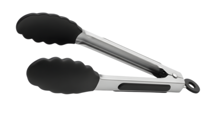 Stainless Steel Kitchen Tongs with Silicone Grips on Transparent Background