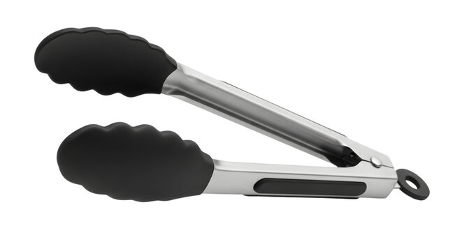 Stainless Steel Kitchen Tongs with Silicone Grips on Transparent Background