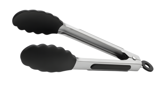 Stainless Steel Kitchen Tongs with Silicone Grips on Transparent Background
