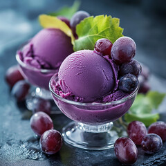 Purple grape ice cream scoops in glass dishes, a tasty summer dessert with juicy grapes and refreshing flavors on dark background.