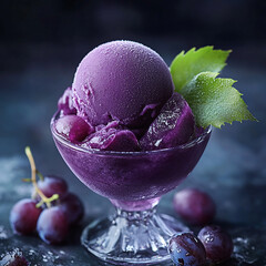 Delicious grape sorbet is served in a glass bowl with fresh grapes, perfect for a refreshing dessert treat.