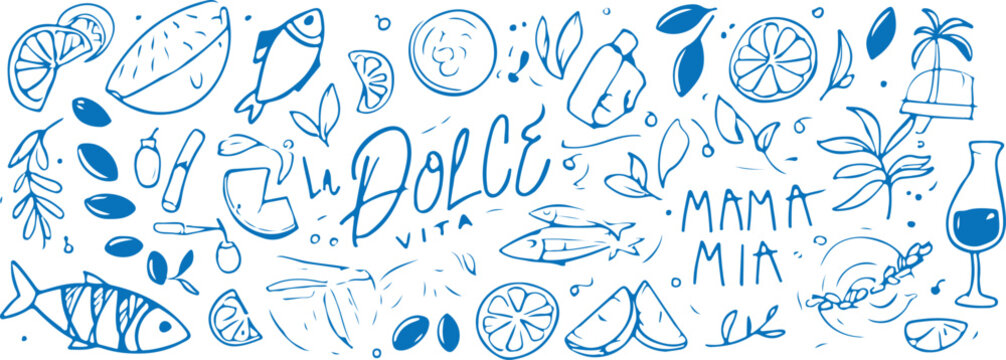 Italian food and drink doodles with lemons fish olives and text vector