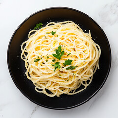 Delicious spaghetti cacio e pepe served on a sleek black plate, a classic Italian pasta dish, ready to be enjoyed and savored.