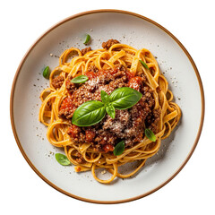 Classic Italian Spaghetti Bolognese Pasta with Ground Beef Tomato Sauce and Fresh Basil on Ceramic Plate