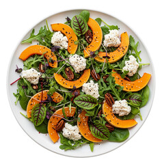 Healthy Gourmet Salad with Roasted Pumpkin Arugula Ricotta Cheese and Microgreens on a White Plate for Clean Eating Concept