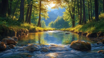 Obraz premium Serene forest stream bathed in sunlight. Crystal clear water flows through lush green trees, reflecting the sunlight. Tranquil natural beauty