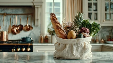 Bag of produce on kitchen counter