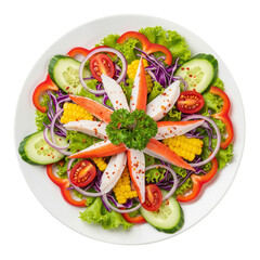 Fresh Mixed Vegetable Salad with Crab Sticks and Herbs Arranged on White Plate for Healthy Gourmet Meal Presentation