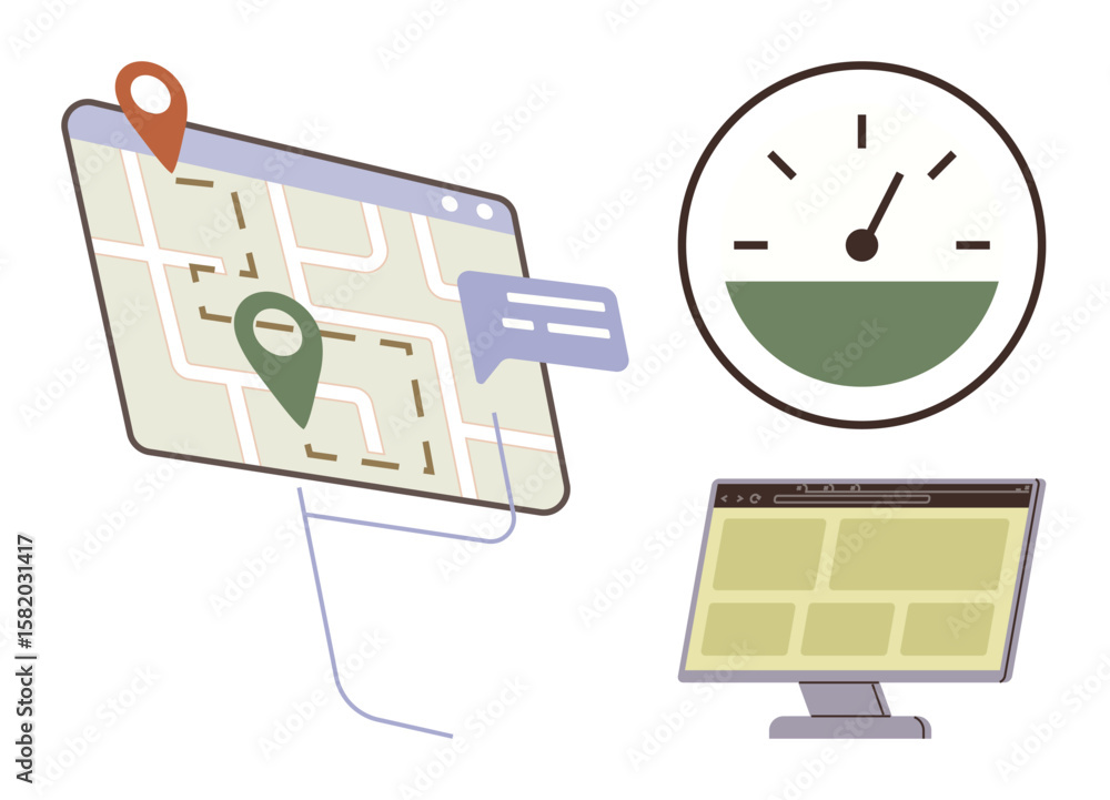 Poster navigation map with location markers, speedometer gauge, and web browser screen. ideal for technolog