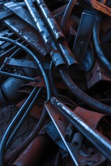 rusted iron scrap heap with twisted metal rods 