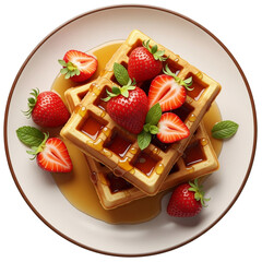 A Delicious Golden Waffles with Fresh Strawberries and Maple Syrup Served on a Plate for Sweet Breakfast or Brunch