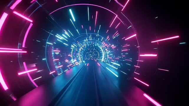 Futuristic tunnel with vibrant neon lights and dynamic motion, creating an immersive experience
