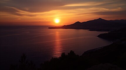 A breathtaking sunset over a calm sea, casting a warm, orange glow on the silhouetted mountains and coastline