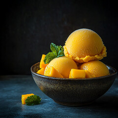 Refreshing mango sorbet scoops in a rustic bowl, garnished with fresh mint leaves on a dark textured surface.